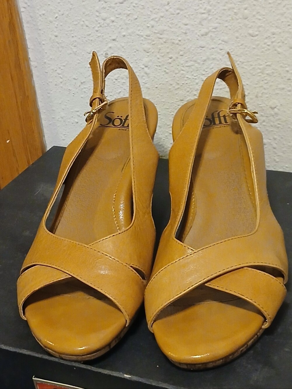 Söfft Tan Leather Cork Wedge Sandals Size 7M